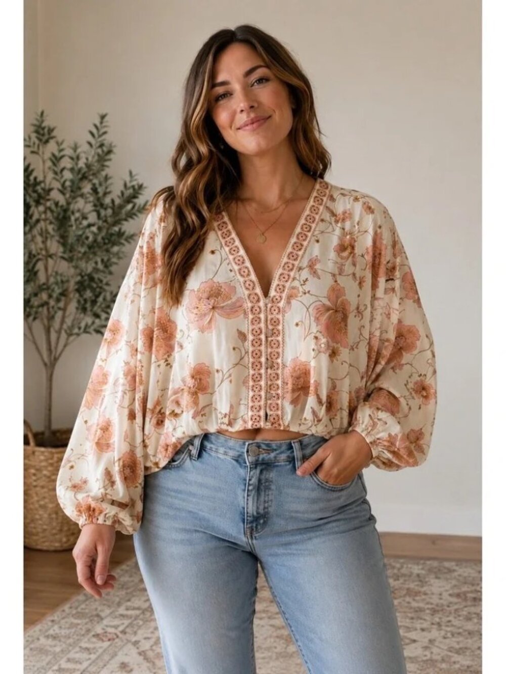 Women's Rose & Olive Floral Resortwear V-Neck Crop Top Blouse Size Large